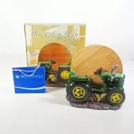 Green Farm Tractor Figurine and Bamboo Coasters Set