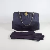 Vintage Blue Clutch Purse with Gold Chain and Gloves