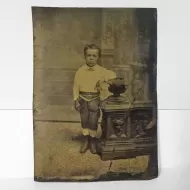 Antique Tintype Photo Sad Boy Leaning on a Short Pillar