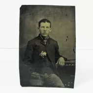 Antique Tintype Photo Sitting Man Boutonniere Dark Hand