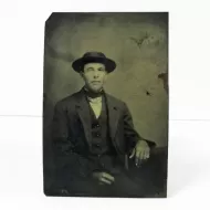 Antique Tintype Photo Sitting Man Flat Hat Pinkie Ring