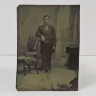 Antique Tintype Photo Man Standing Arm on Chair Back